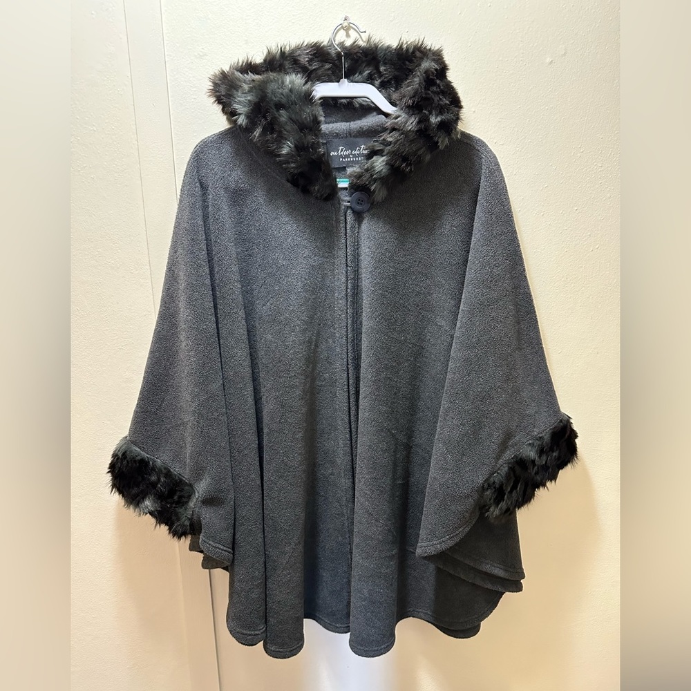PARKHURST Faux Fur Trim Fleece Hooded Cape Black OS | One Size